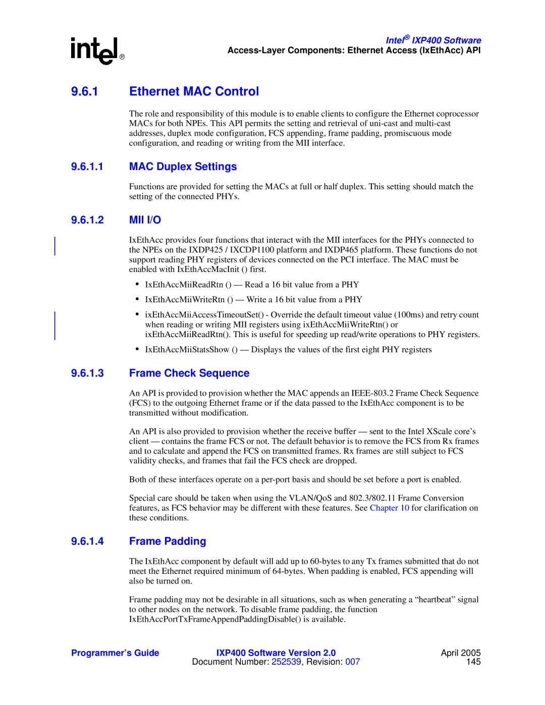 Intel IXP400 manual Ethernet MAC Control, MAC Duplex Settings, Mii I/O, Frame Check Sequence, Frame Padding 