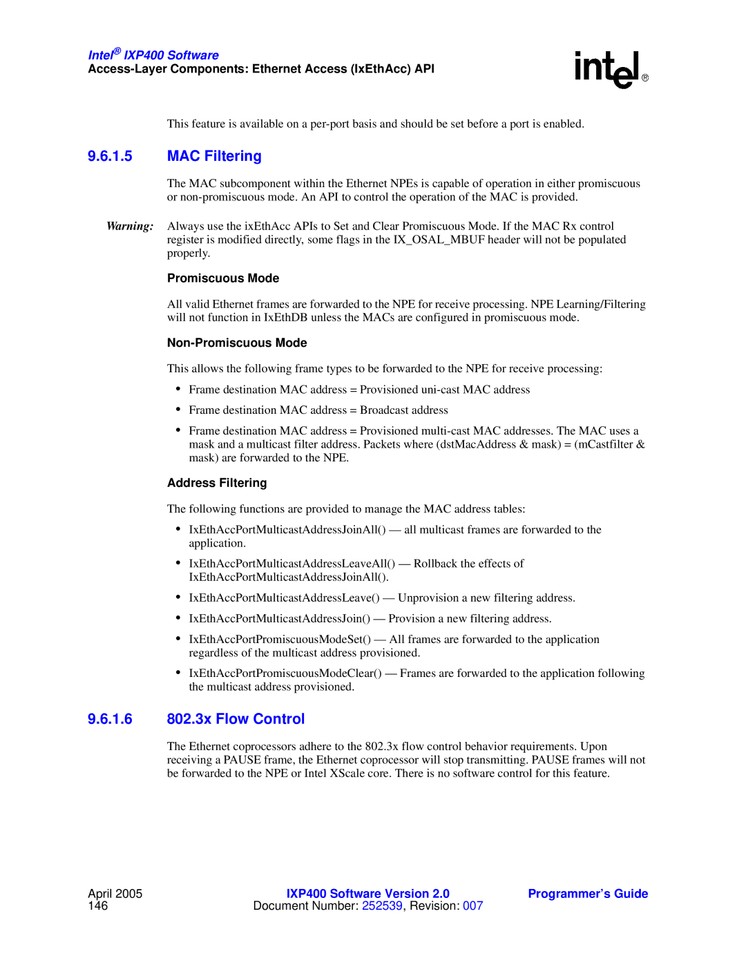 Intel IXP400 manual MAC Filtering, 1.6 802.3x Flow Control, Non-Promiscuous Mode, Address Filtering 