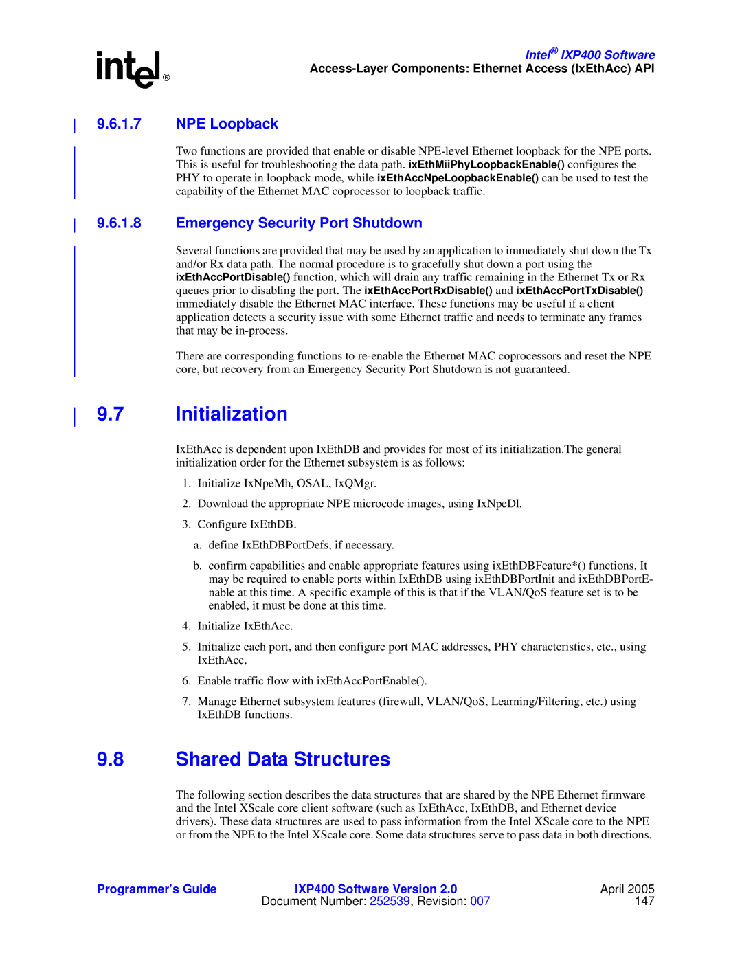 Intel IXP400 manual Initialization, Shared Data Structures, NPE Loopback, Emergency Security Port Shutdown 