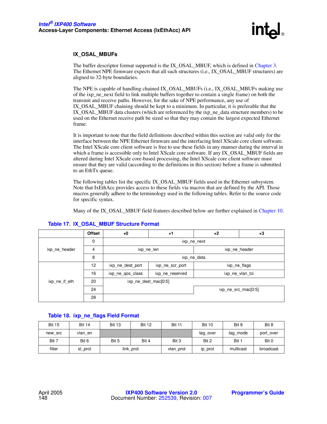 Intel IXP400 manual Ixosalmbuf Structure Format, Ixpneflags Field Format 