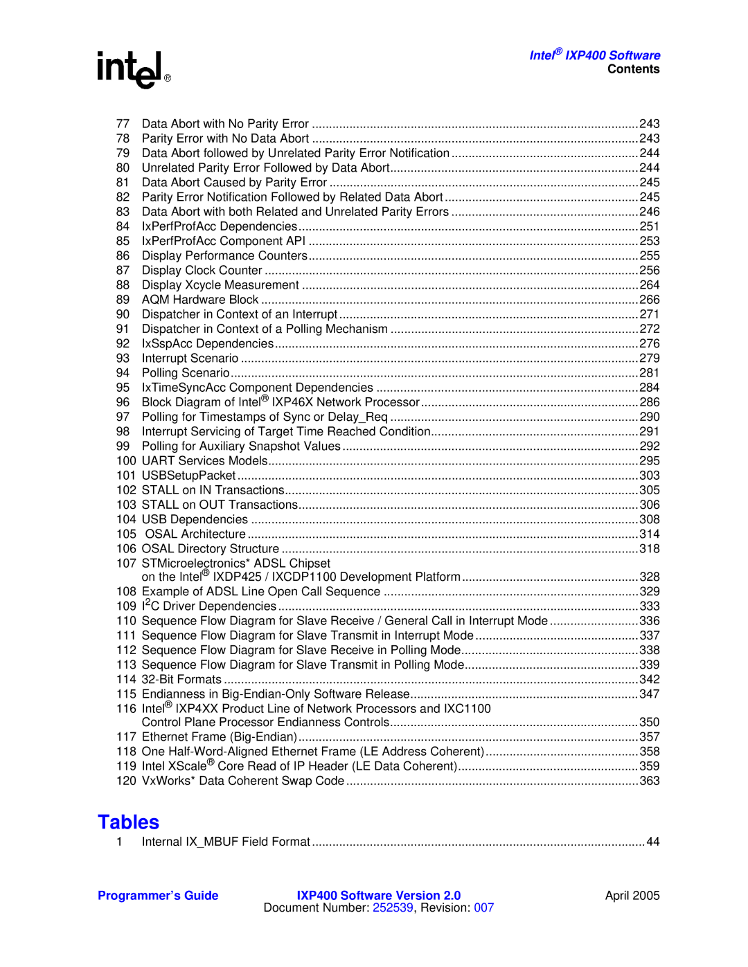 Intel IXP400 manual Tables 