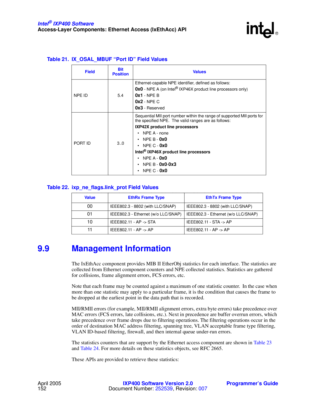 Intel IXP400 Management Information, Ixosalmbuf Port ID Field Values, Ixpneflags.linkprot Field Values, Field Bit Values 