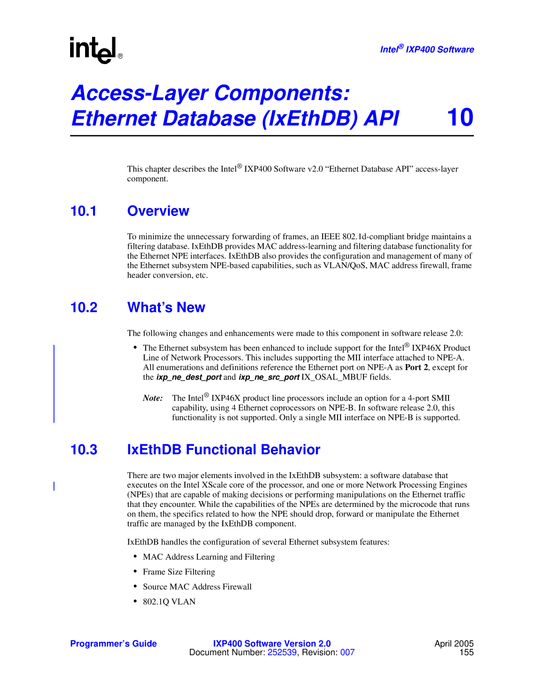 Intel IXP400 manual Access-Layer Components Ethernet Database IxEthDB API, IxEthDB Functional Behavior 