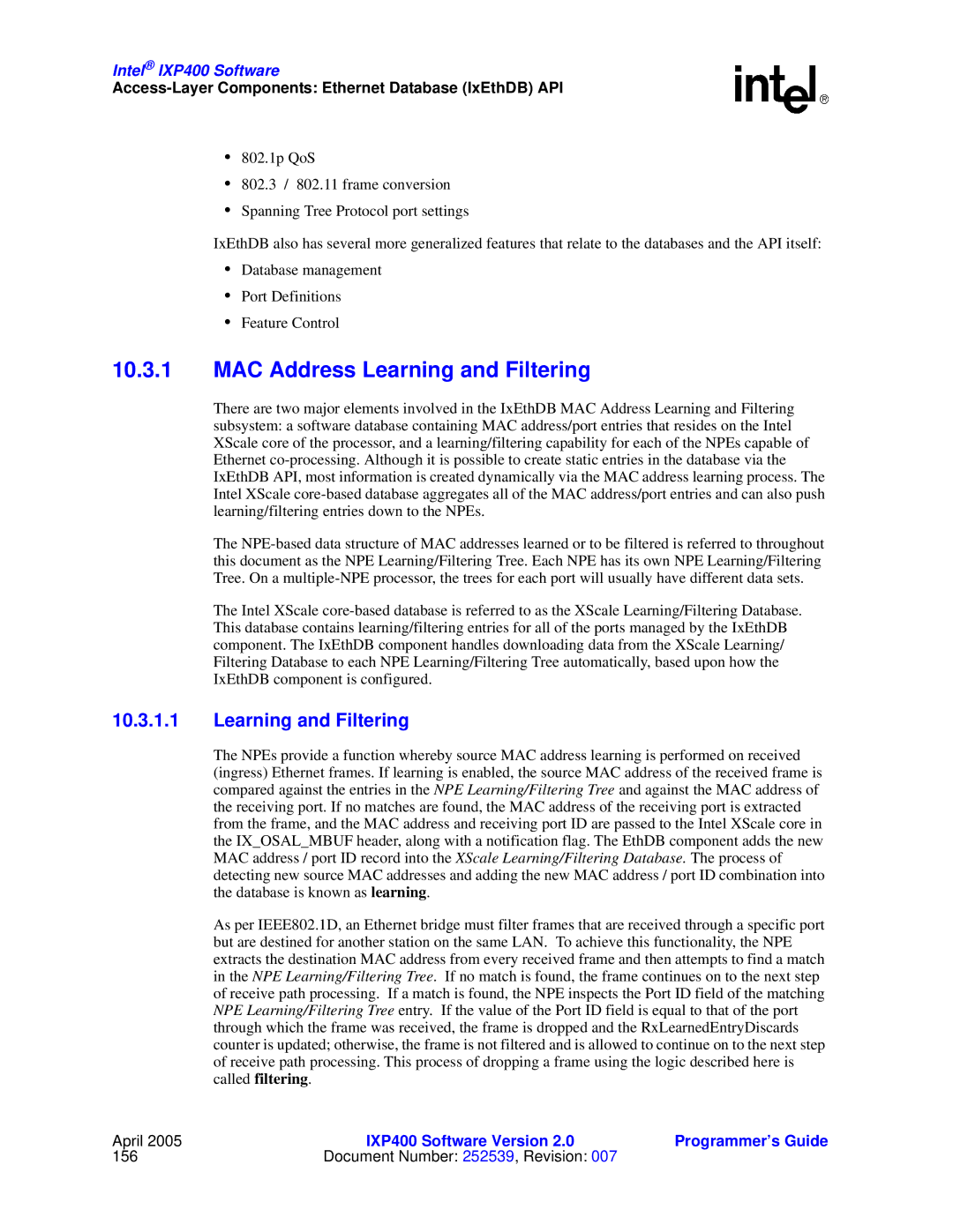 Intel IXP400 manual MAC Address Learning and Filtering, Access-Layer Components Ethernet Database IxEthDB API 
