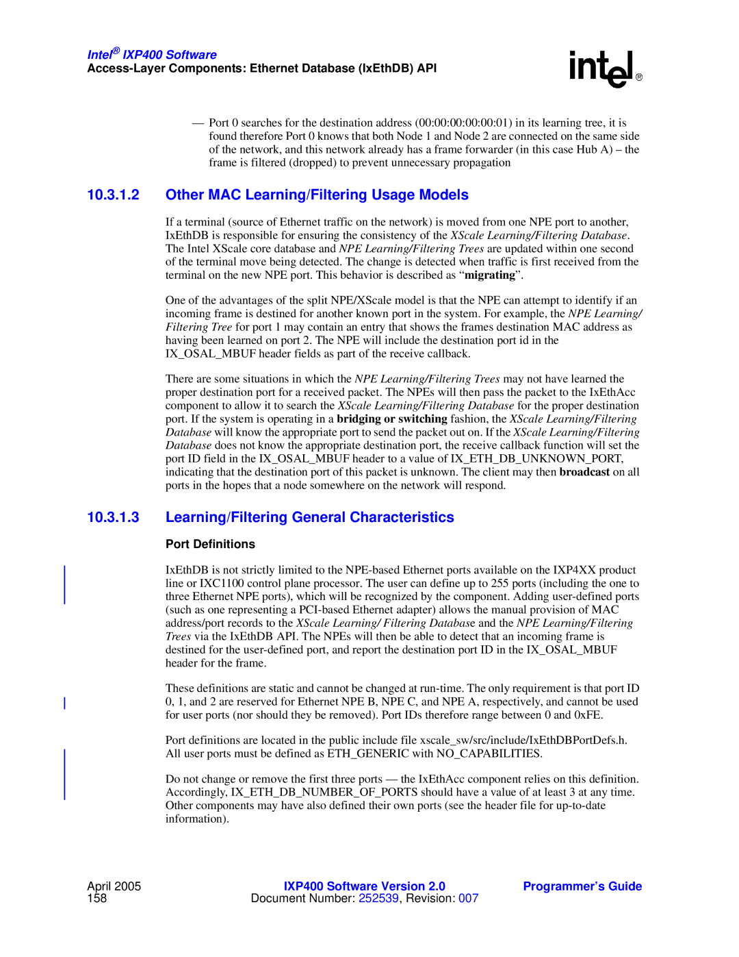 Intel IXP400 manual Other MAC Learning/Filtering Usage Models, Learning/Filtering General Characteristics, Port Definitions 