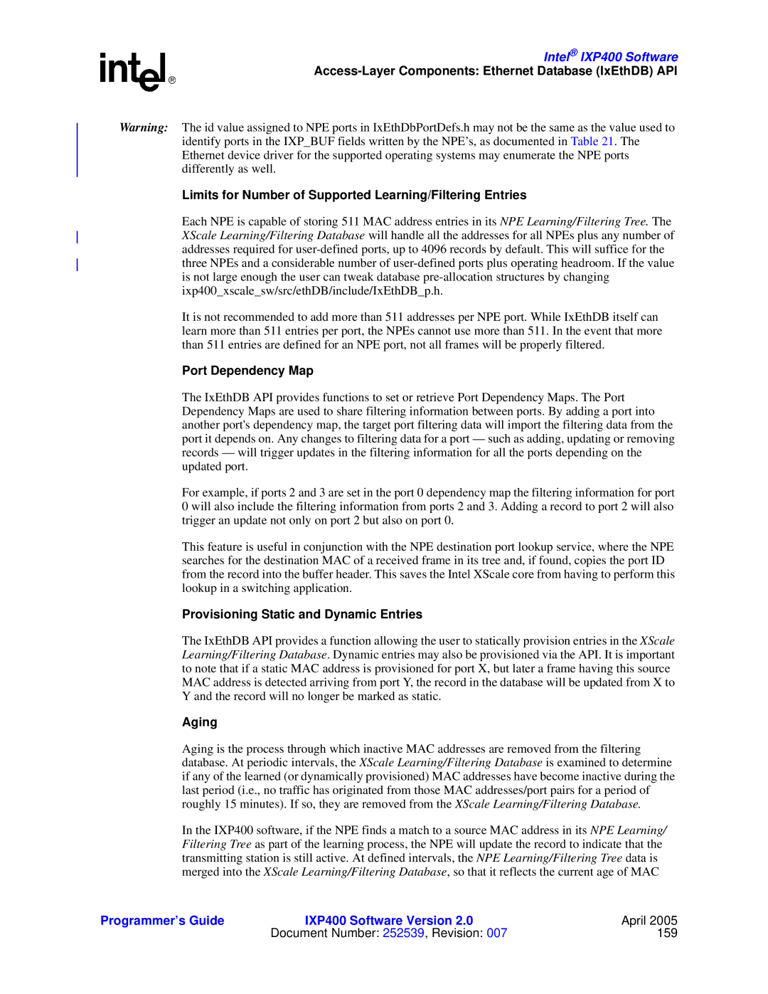 Intel IXP400 manual Port Dependency Map, Provisioning Static and Dynamic Entries, Aging 