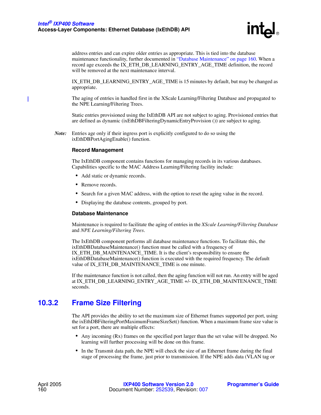 Intel IXP400 manual Frame Size Filtering, Record Management, Database Maintenance 