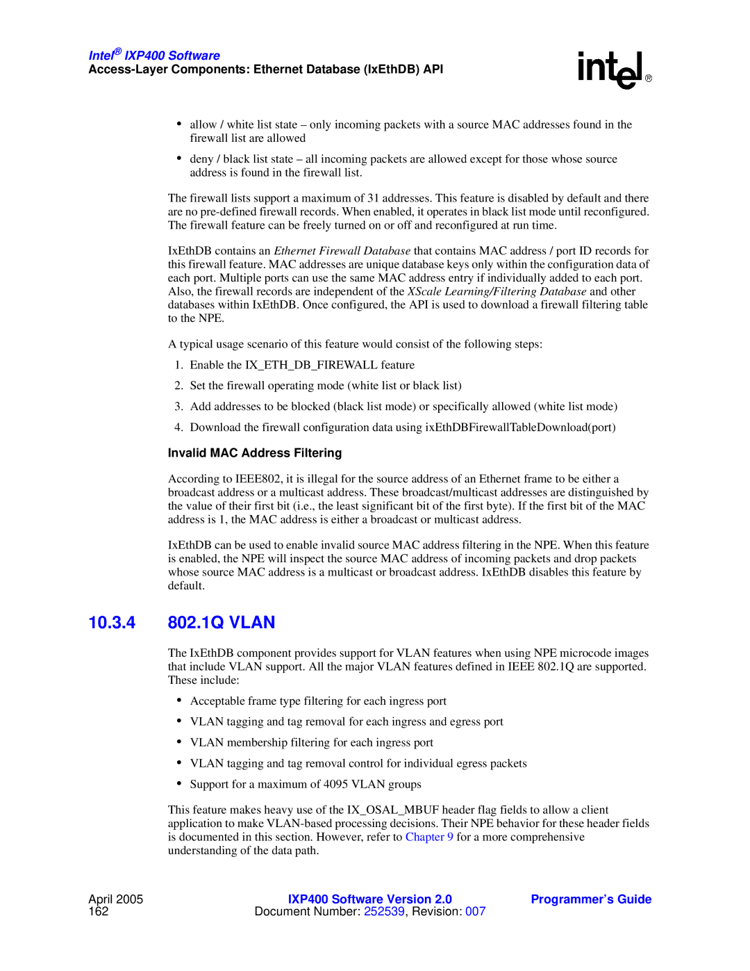 Intel IXP400 manual 10.3.4 802.1Q Vlan, Invalid MAC Address Filtering 