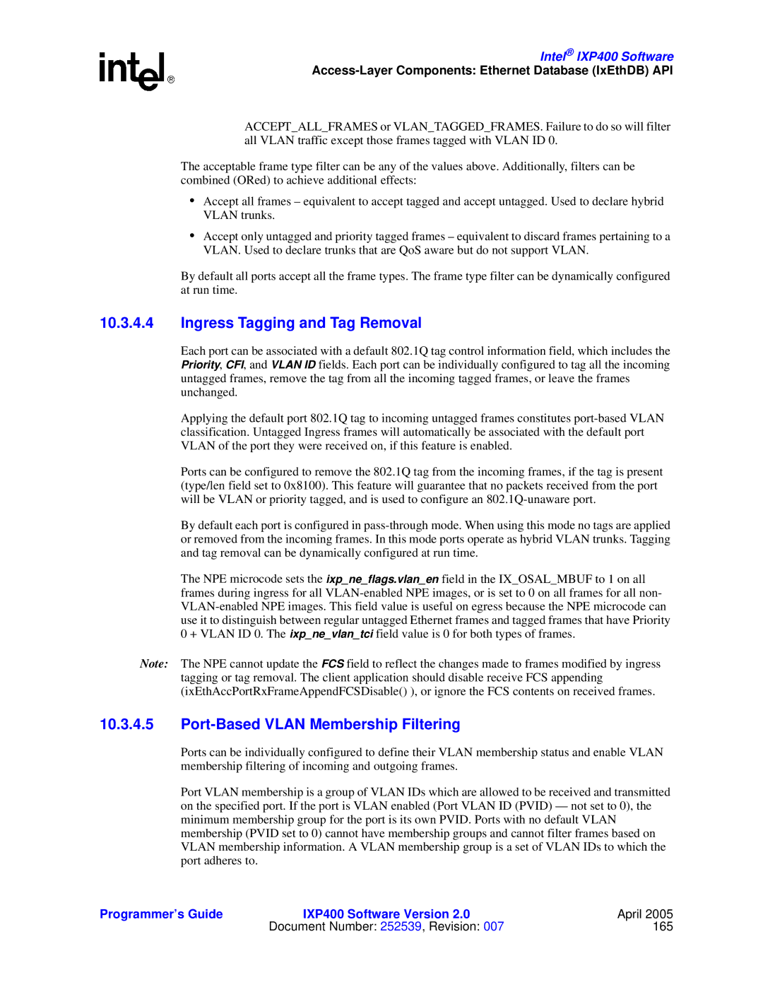 Intel IXP400 manual Ingress Tagging and Tag Removal, Port-Based Vlan Membership Filtering 