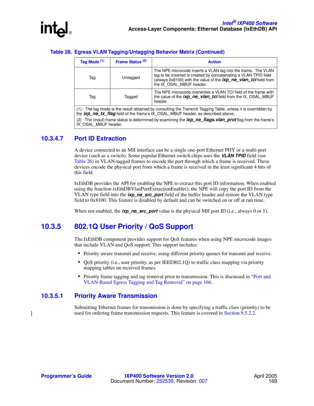 Intel IXP400 manual 10.3.5 802.1Q User Priority / QoS Support, Port ID Extraction, Priority Aware Transmission 