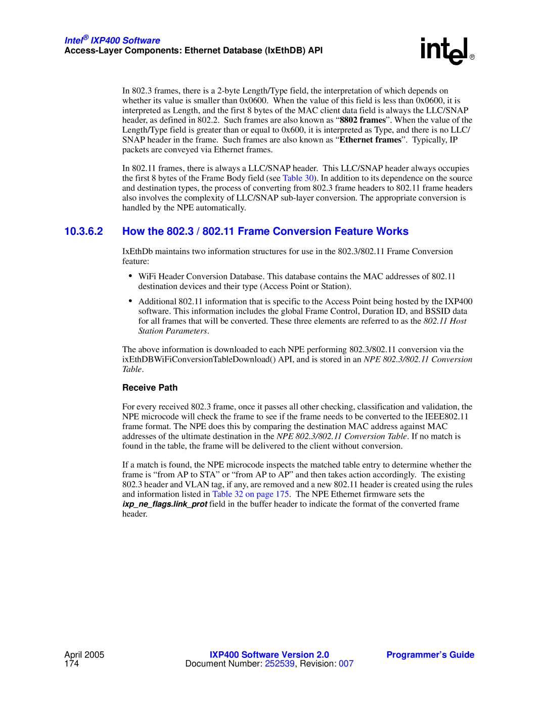 Intel IXP400 manual How the 802.3 / 802.11 Frame Conversion Feature Works, Receive Path 