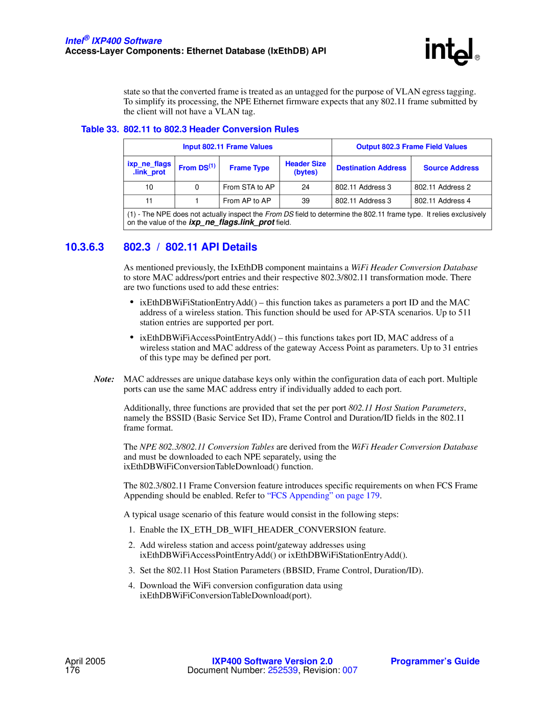 Intel IXP400 manual 10.3.6.3 802.3 / 802.11 API Details, 11 to 802.3 Header Conversion Rules, Frame Type, Source Address 