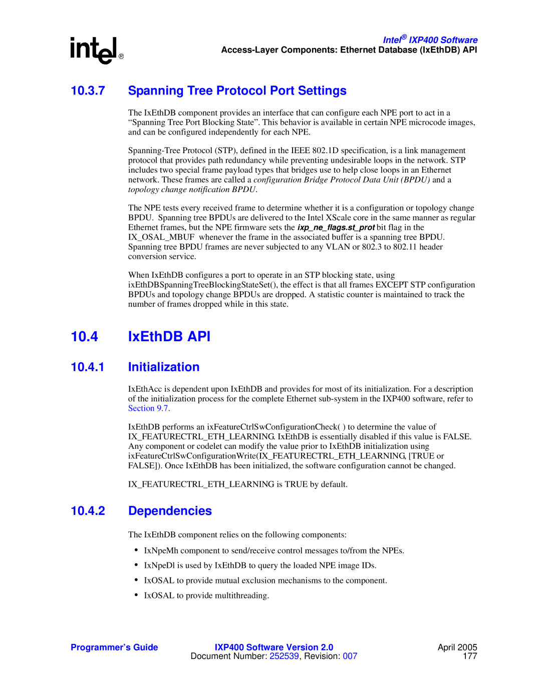 Intel IXP400 manual IxEthDB API, Spanning Tree Protocol Port Settings, Initialization 