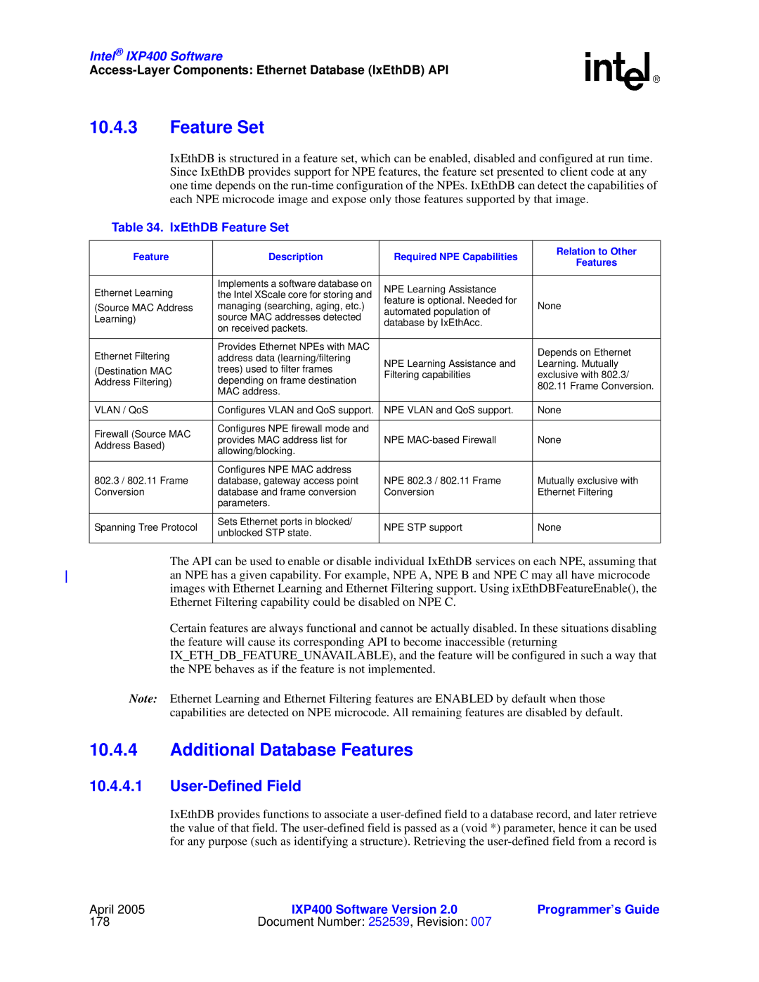 Intel IXP400 manual Additional Database Features, User-Defined Field, IxEthDB Feature Set 