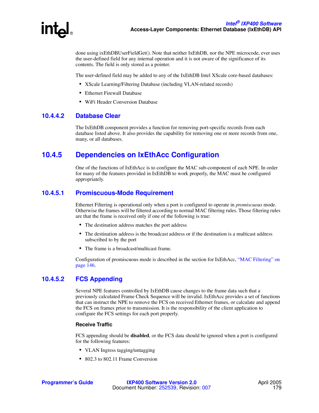 Intel IXP400 manual Dependencies on IxEthAcc Configuration, Database Clear, Promiscuous-Mode Requirement, FCS Appending 