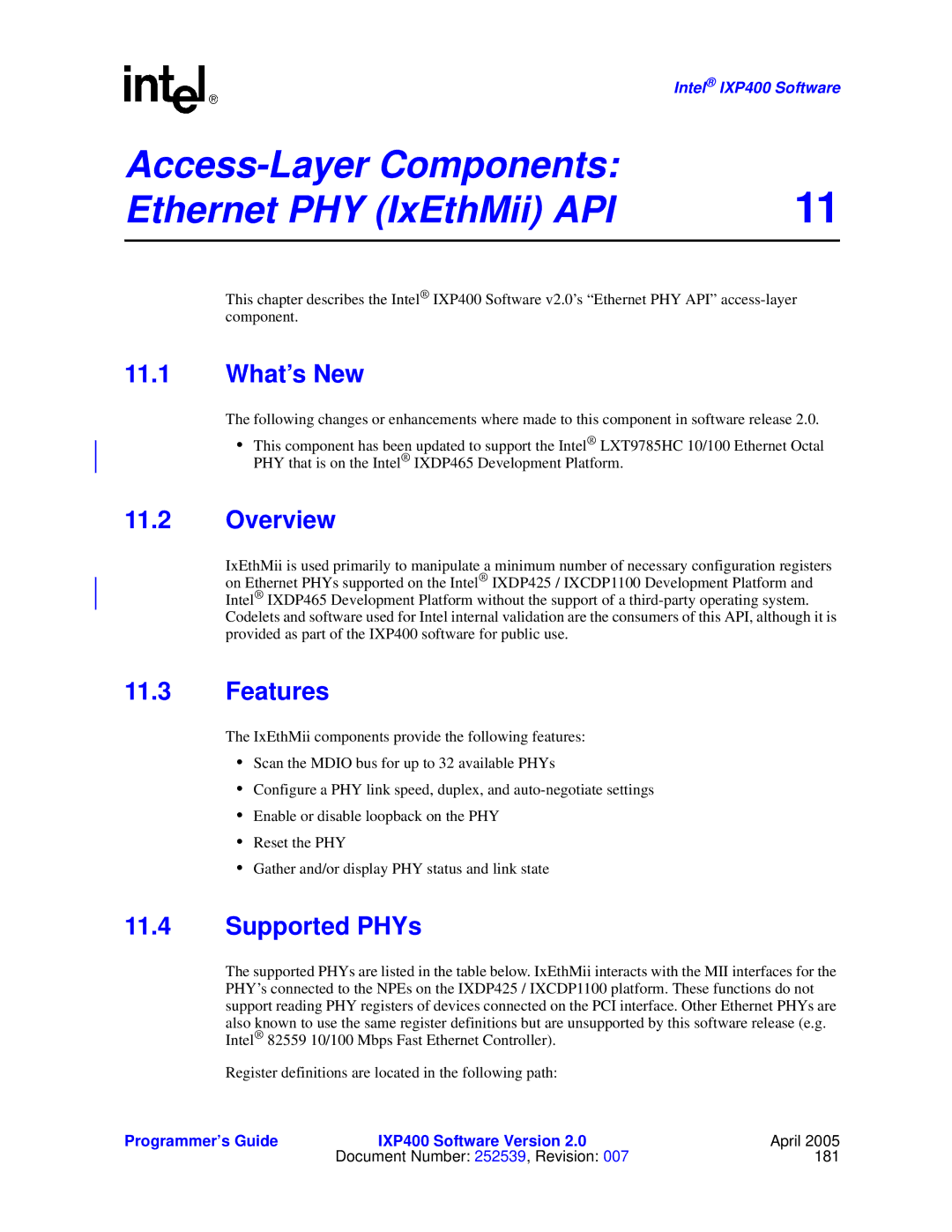 Intel IXP400 manual Access-Layer Components Ethernet PHY IxEthMii API, Supported PHYs 