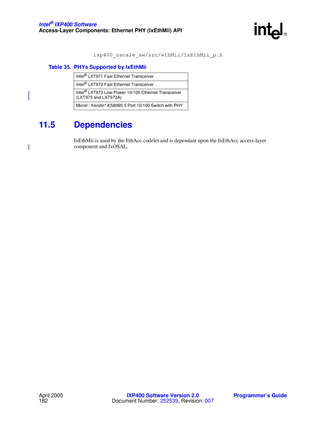 Intel IXP400 manual Access-Layer Components Ethernet PHY IxEthMii API, PHYs Supported by IxEthMii 