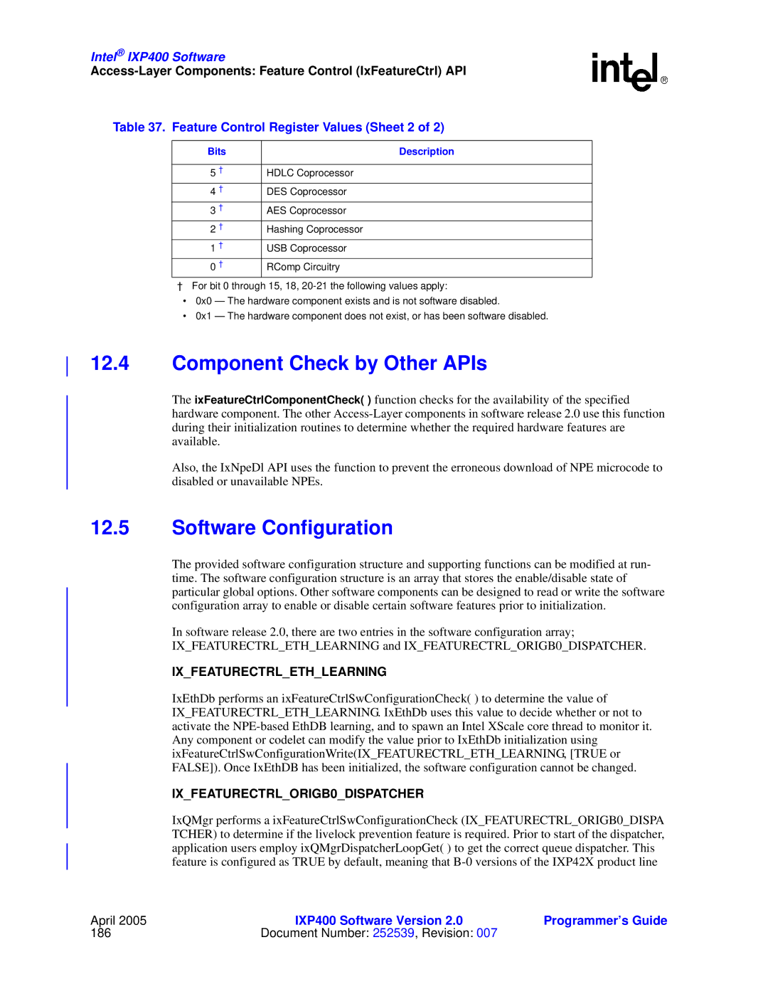 Intel IXP400 manual Component Check by Other APIs, Software Configuration, Feature Control Register Values Sheet 2 