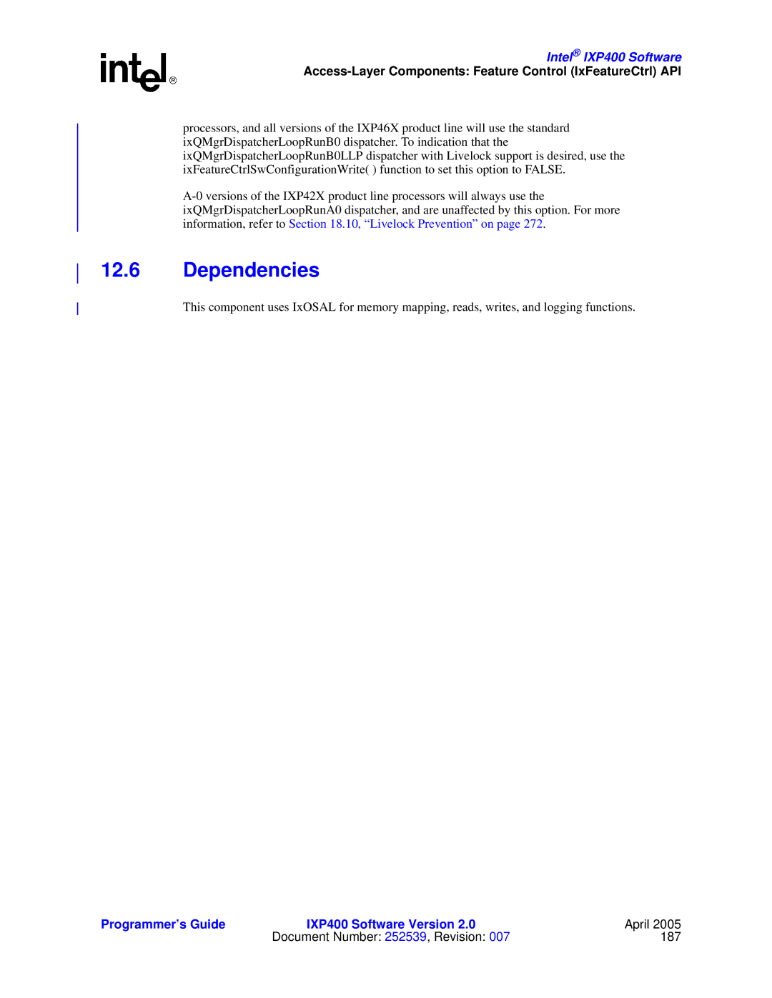 Intel IXP400 manual Document Number 252539, Revision 187 