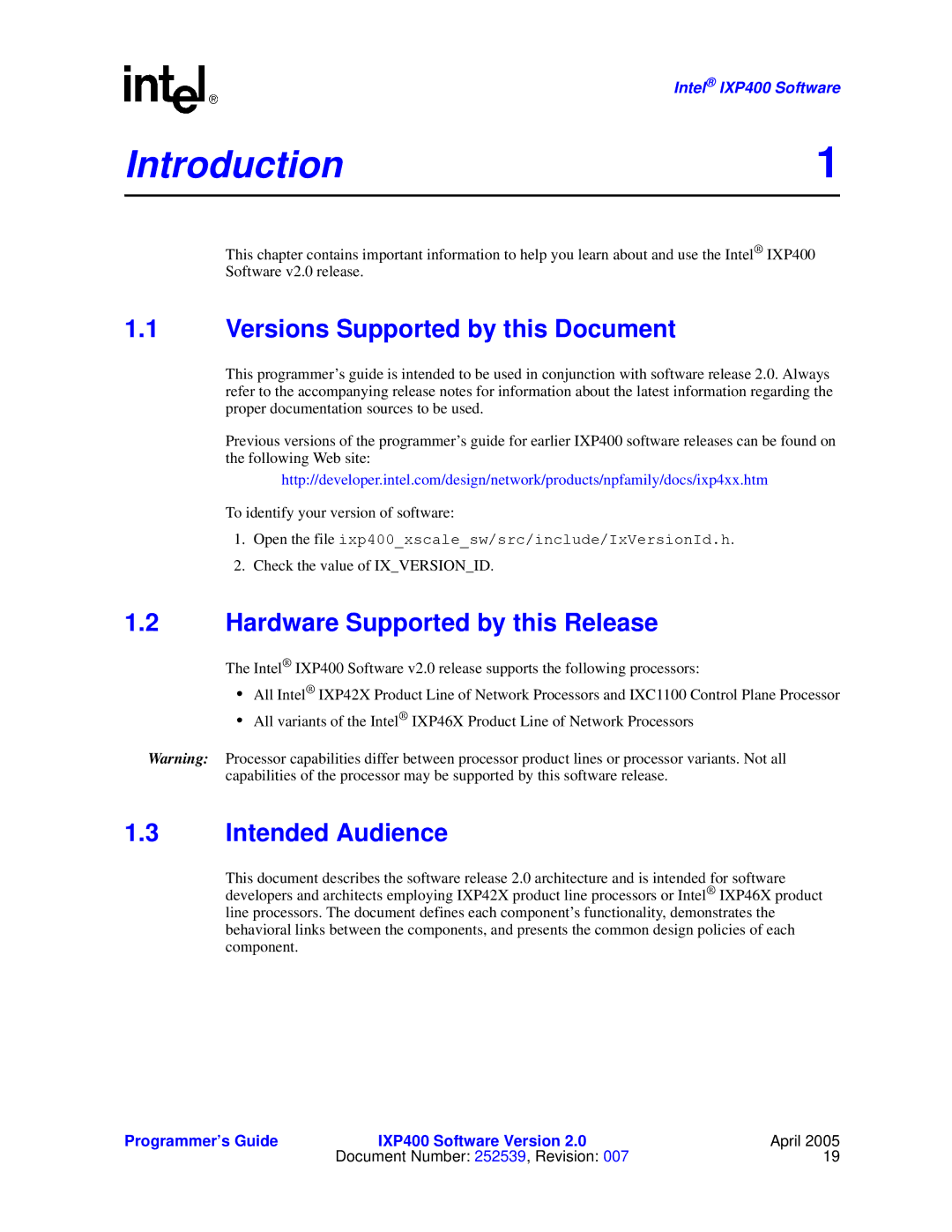 Intel IXP400 Introduction1, Versions Supported by this Document, Hardware Supported by this Release, Intended Audience 