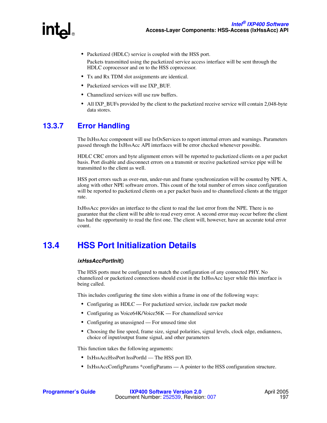 Intel IXP400 manual HSS Port Initialization Details, IxHssAccPortInit 