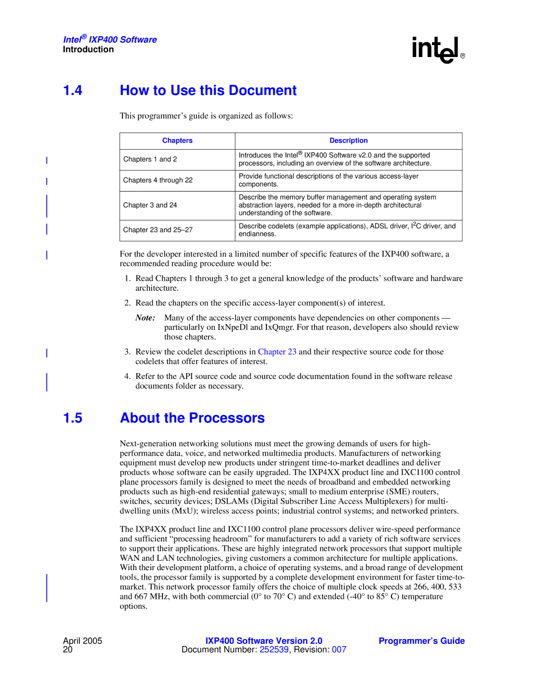 Intel IXP400 manual How to Use this Document, About the Processors, Chapters Description 