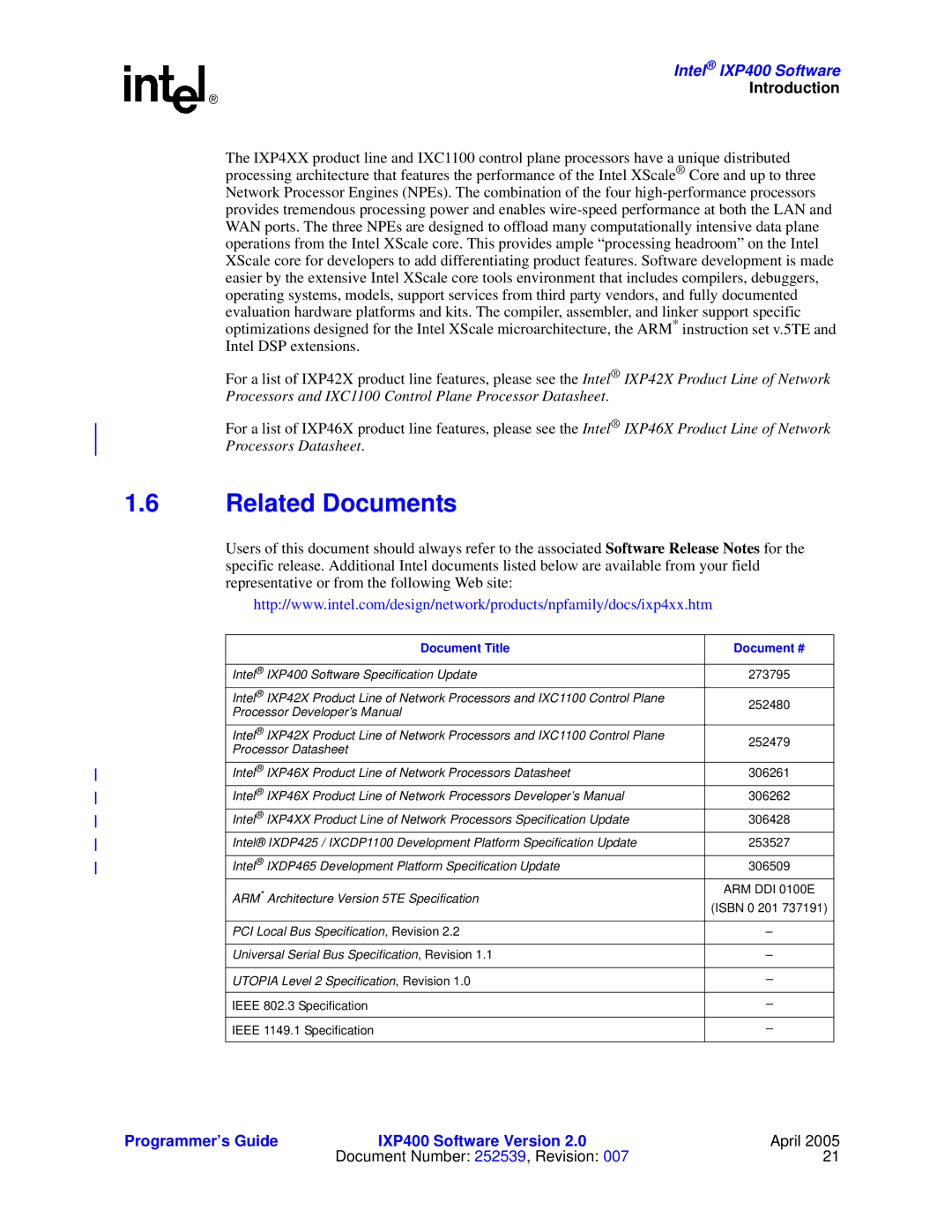 Intel IXP400 manual Related Documents, Document Title Document # 