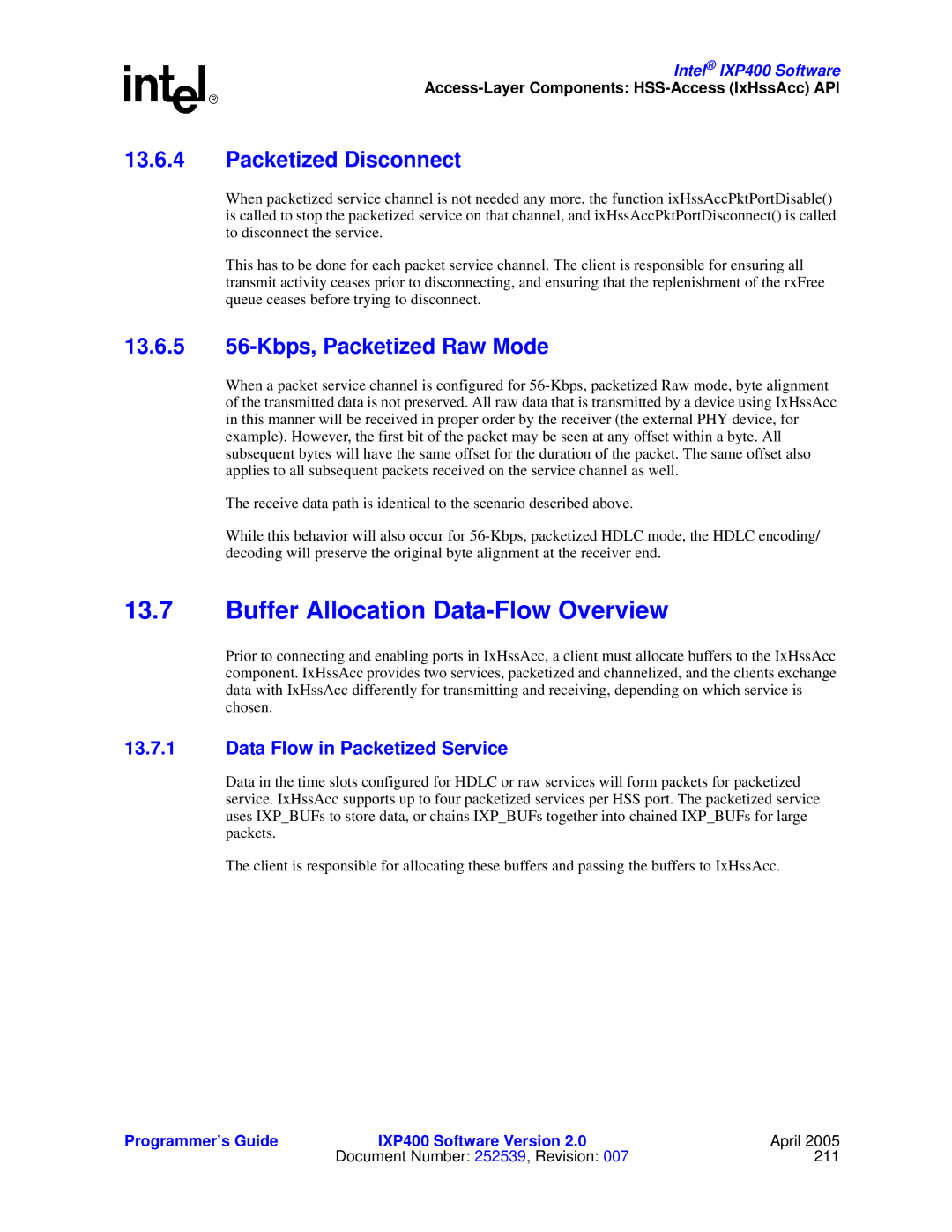 Intel IXP400 manual Buffer Allocation Data-Flow Overview, Packetized Disconnect, 13.6.5 56-Kbps, Packetized Raw Mode 