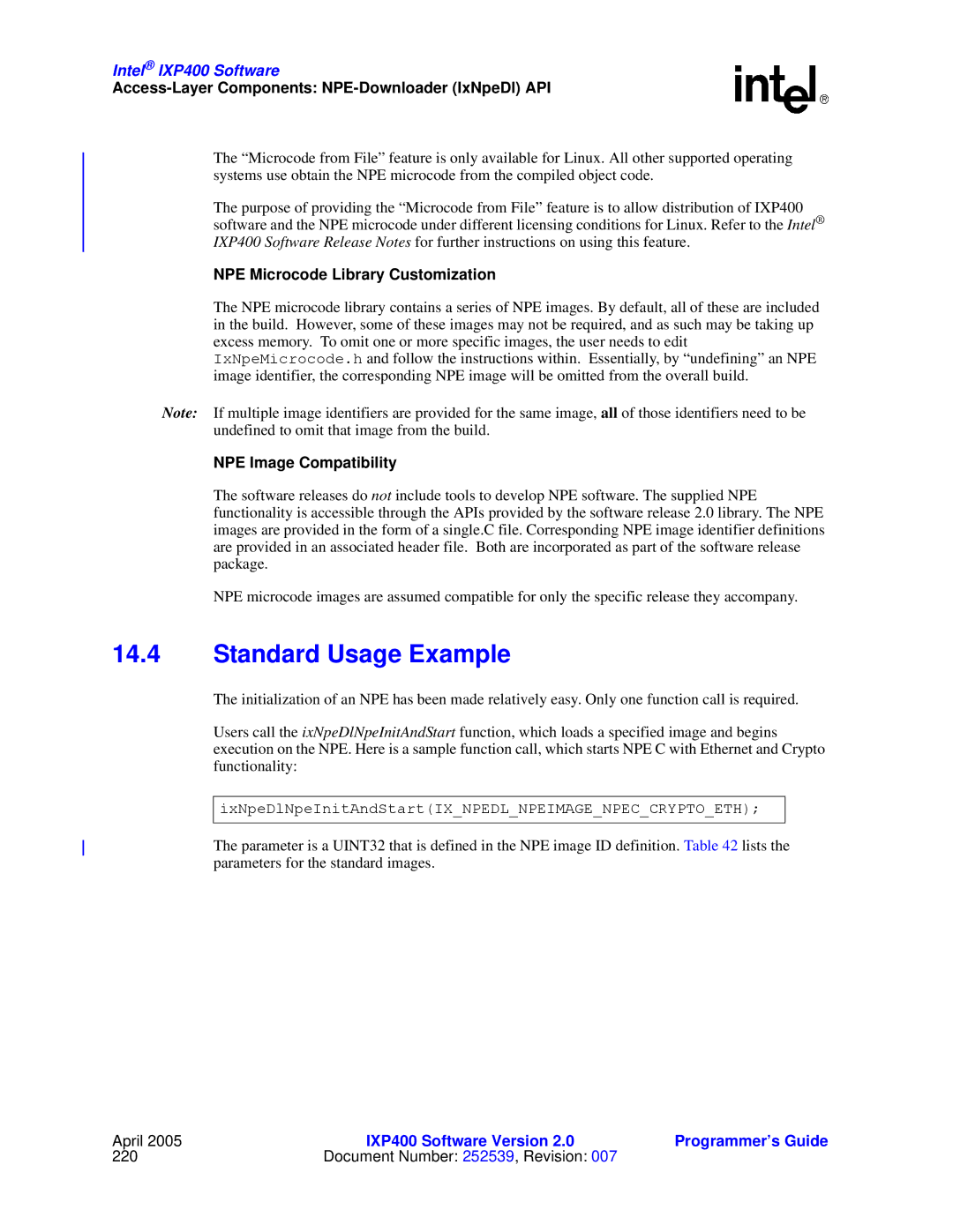 Intel IXP400 manual Standard Usage Example, Access-Layer Components NPE-Downloader IxNpeDl API, NPE Image Compatibility 