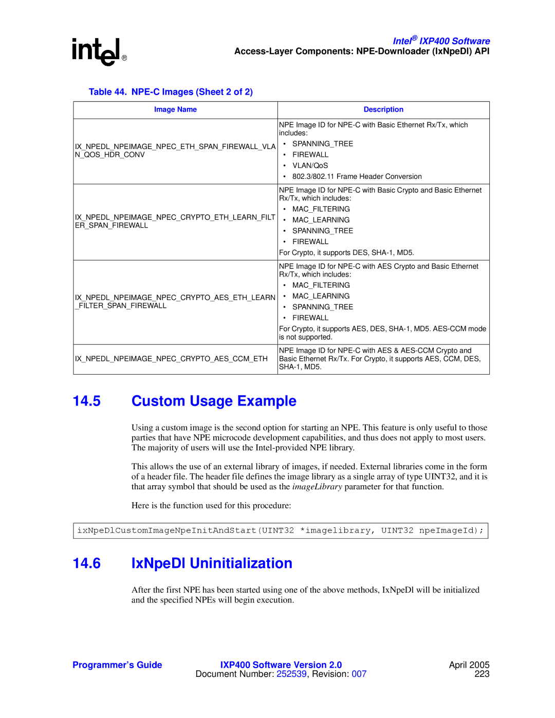 Intel IXP400 manual Custom Usage Example, IxNpeDl Uninitialization, NPE-C Images Sheet 2 