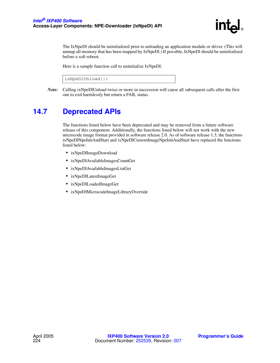 Intel IXP400 manual Deprecated APIs 