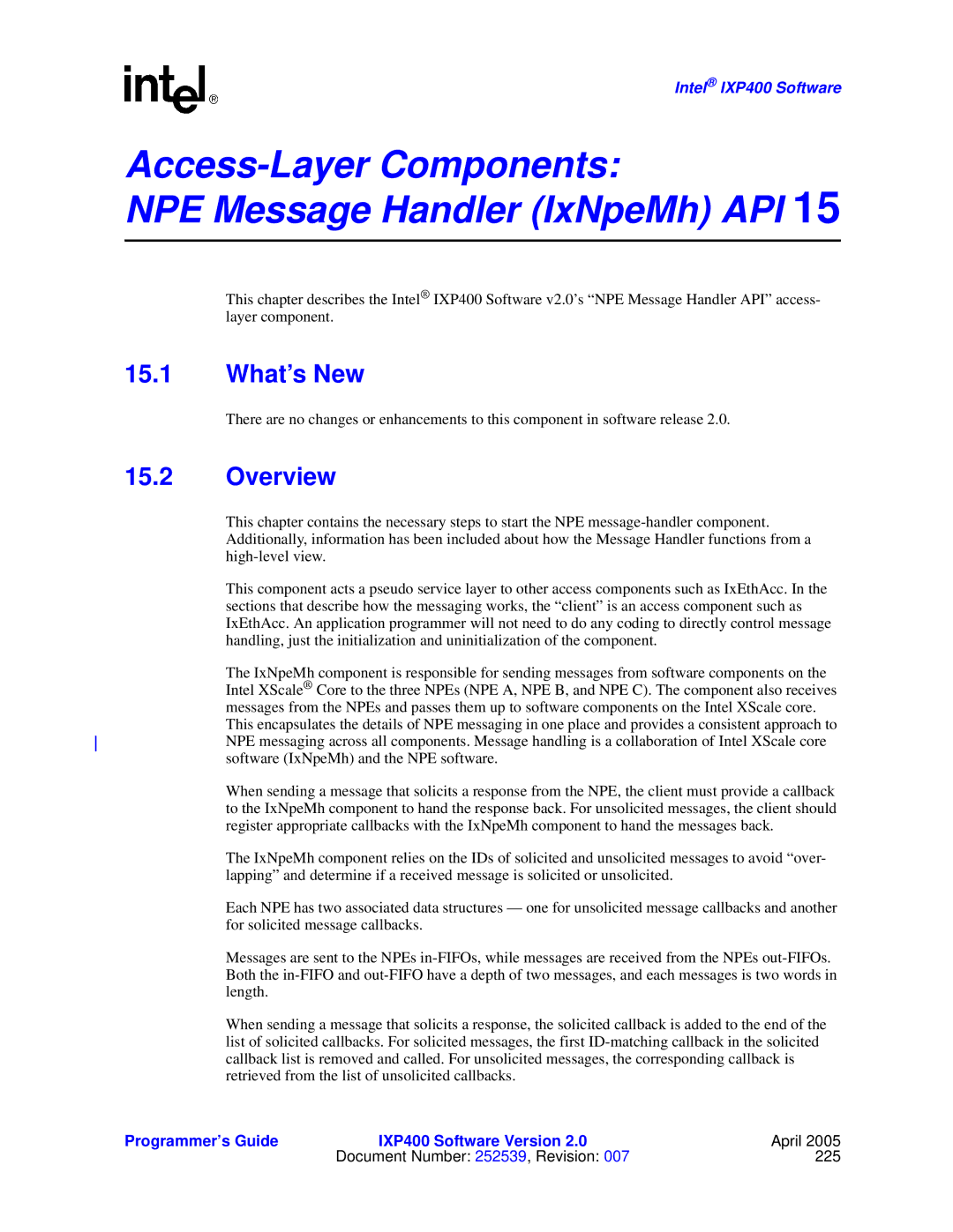 Intel IXP400 manual Access-Layer Components NPE Message Handler IxNpeMh API, What’s New 