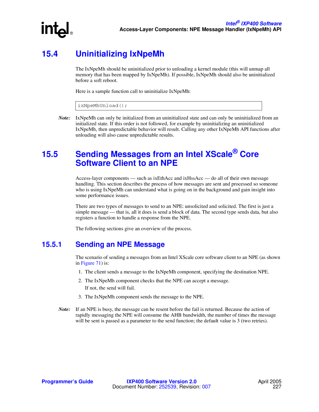 Intel IXP400 manual Uninitializing IxNpeMh, Sending an NPE Message 