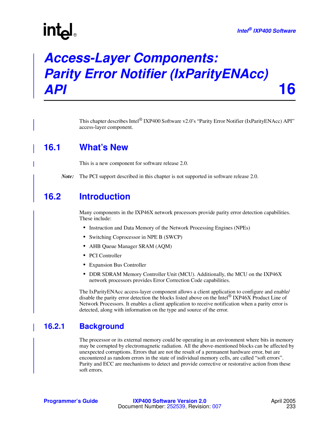 Intel IXP400 manual Access-Layer Components Parity Error Notifier IxParityENAcc, Introduction, Background 