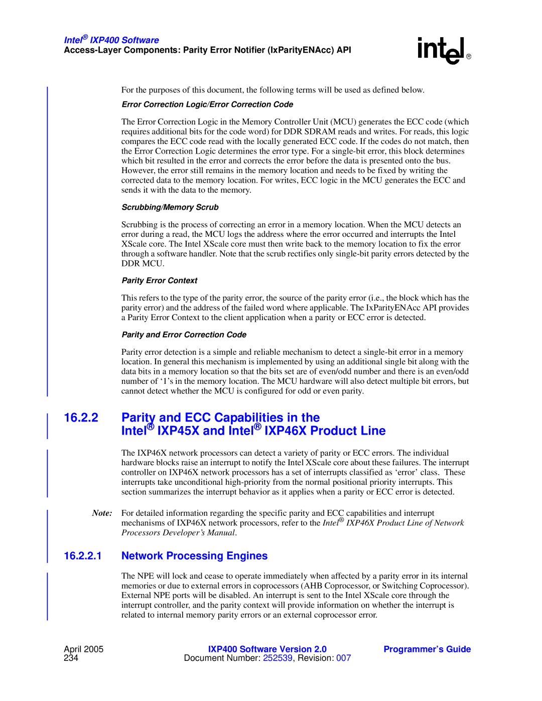 Intel IXP400 manual Network Processing Engines, Scrubbing/Memory Scrub 