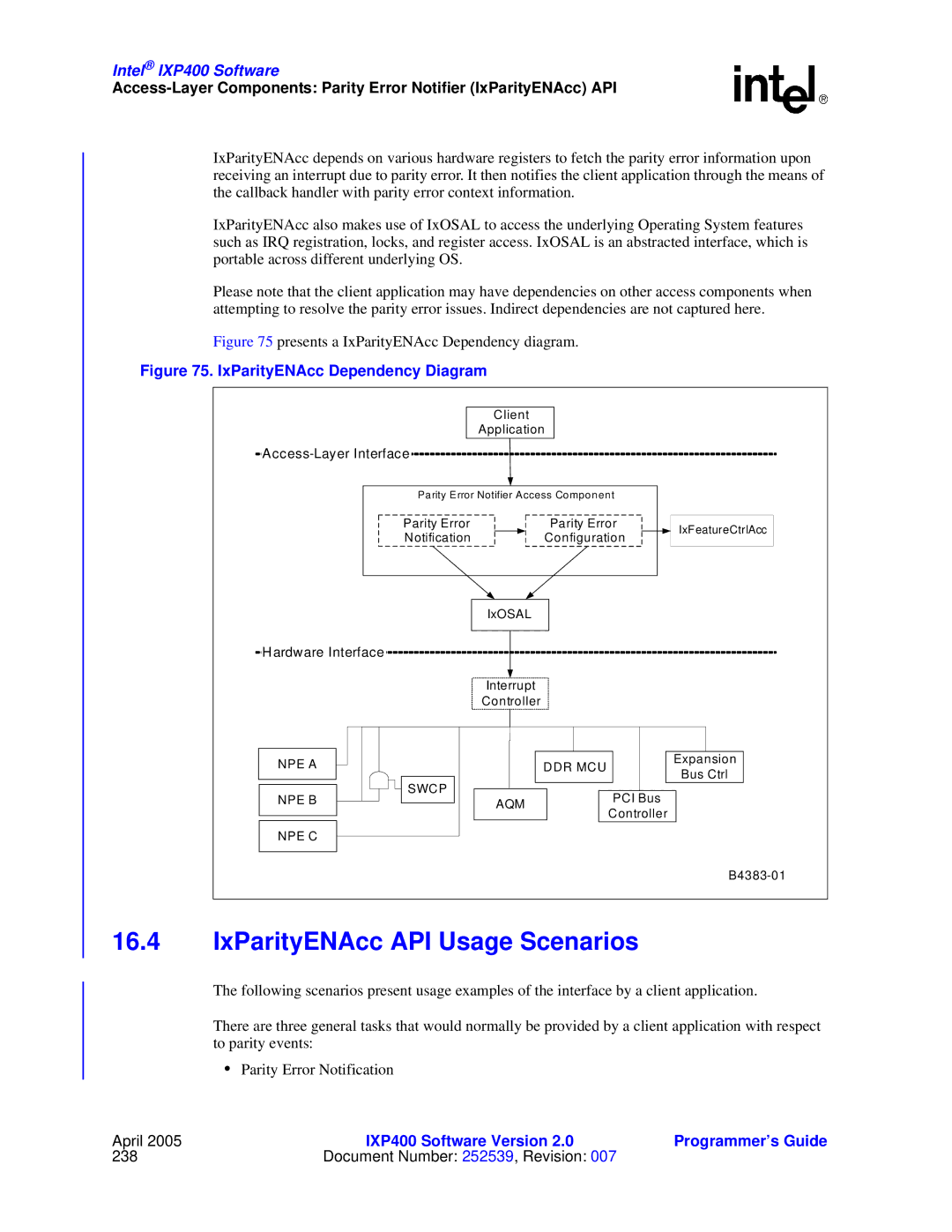 Intel IXP400 manual IxParityENAcc API Usage Scenarios, IxParityENAcc Dependency Diagram 