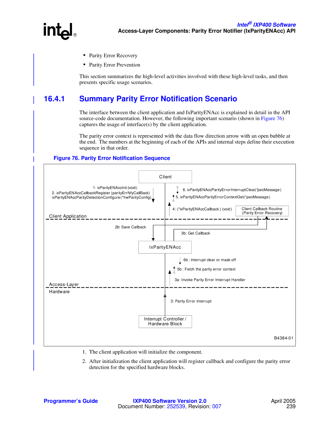 Intel IXP400 manual Summary Parity Error Notification Scenario, Parity Error Notification Sequence 