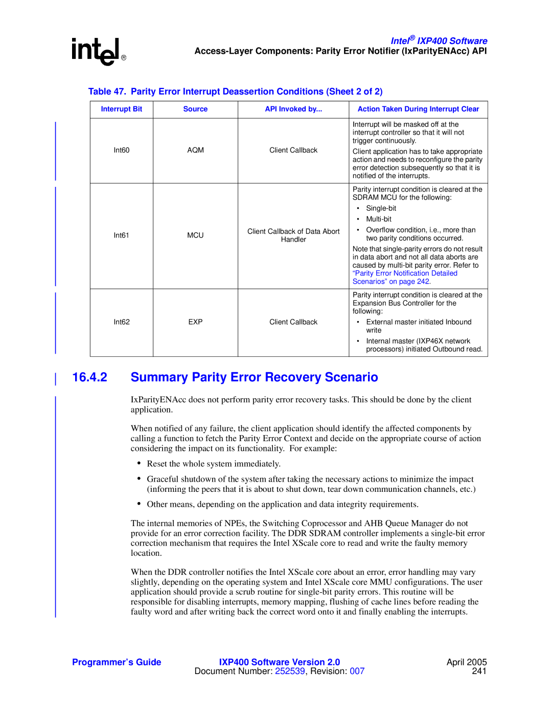 Intel IXP400 manual Summary Parity Error Recovery Scenario, Parity Error Interrupt Deassertion Conditions Sheet 2 