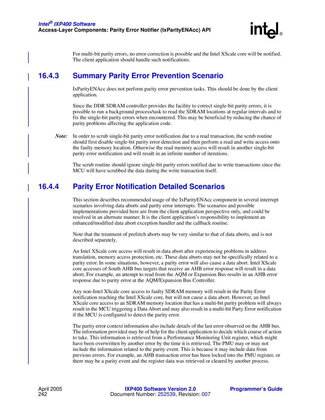 Intel IXP400 manual Summary Parity Error Prevention Scenario, Parity Error Notification Detailed Scenarios 