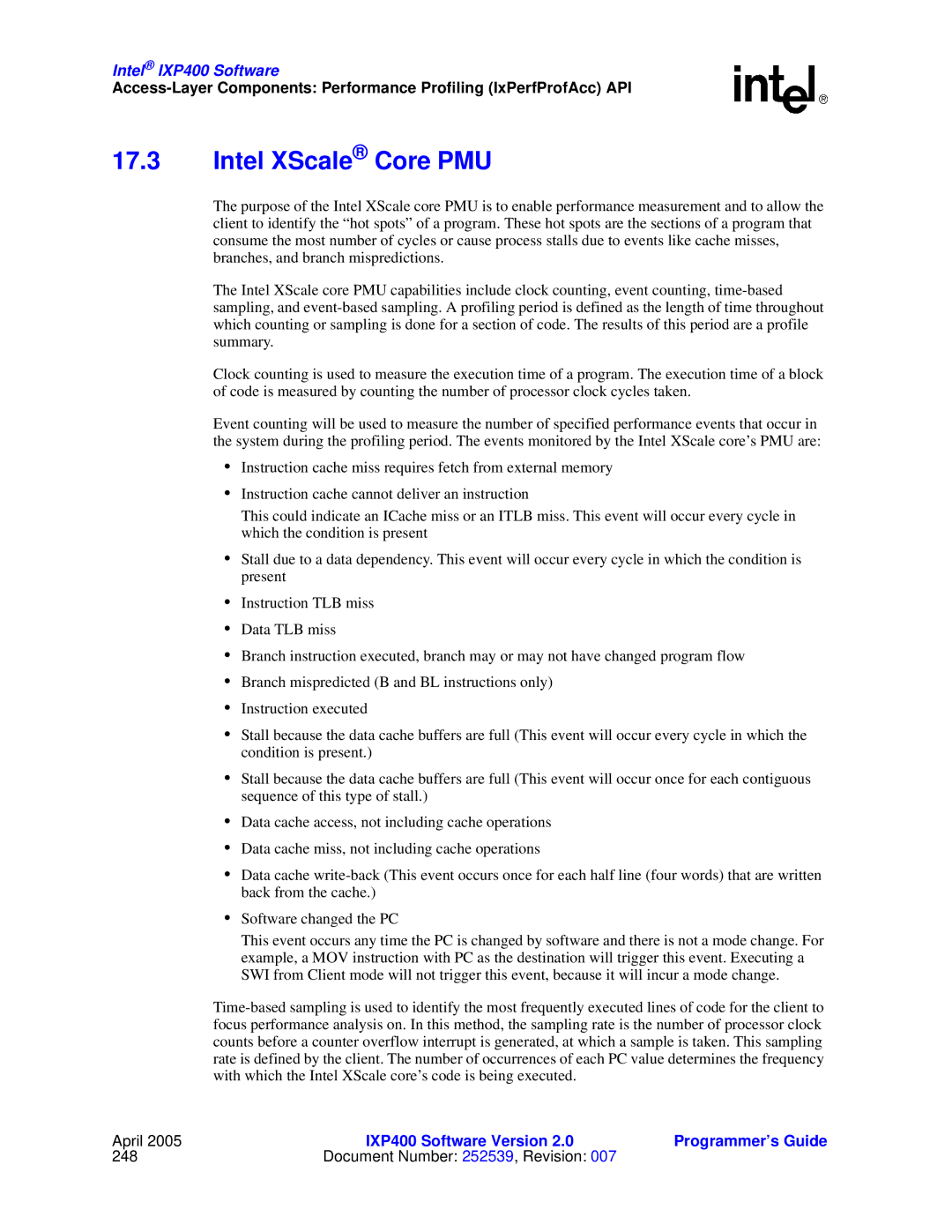 Intel IXP400 manual Intel XScale Core PMU 