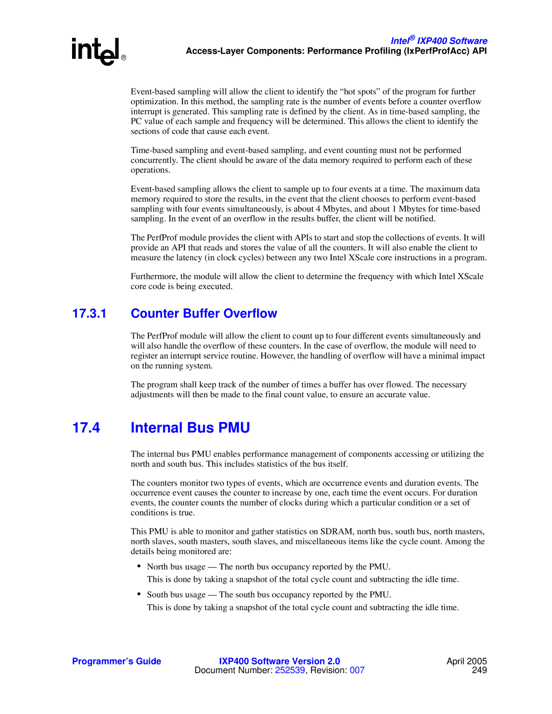 Intel IXP400 manual Internal Bus PMU, Counter Buffer Overflow 