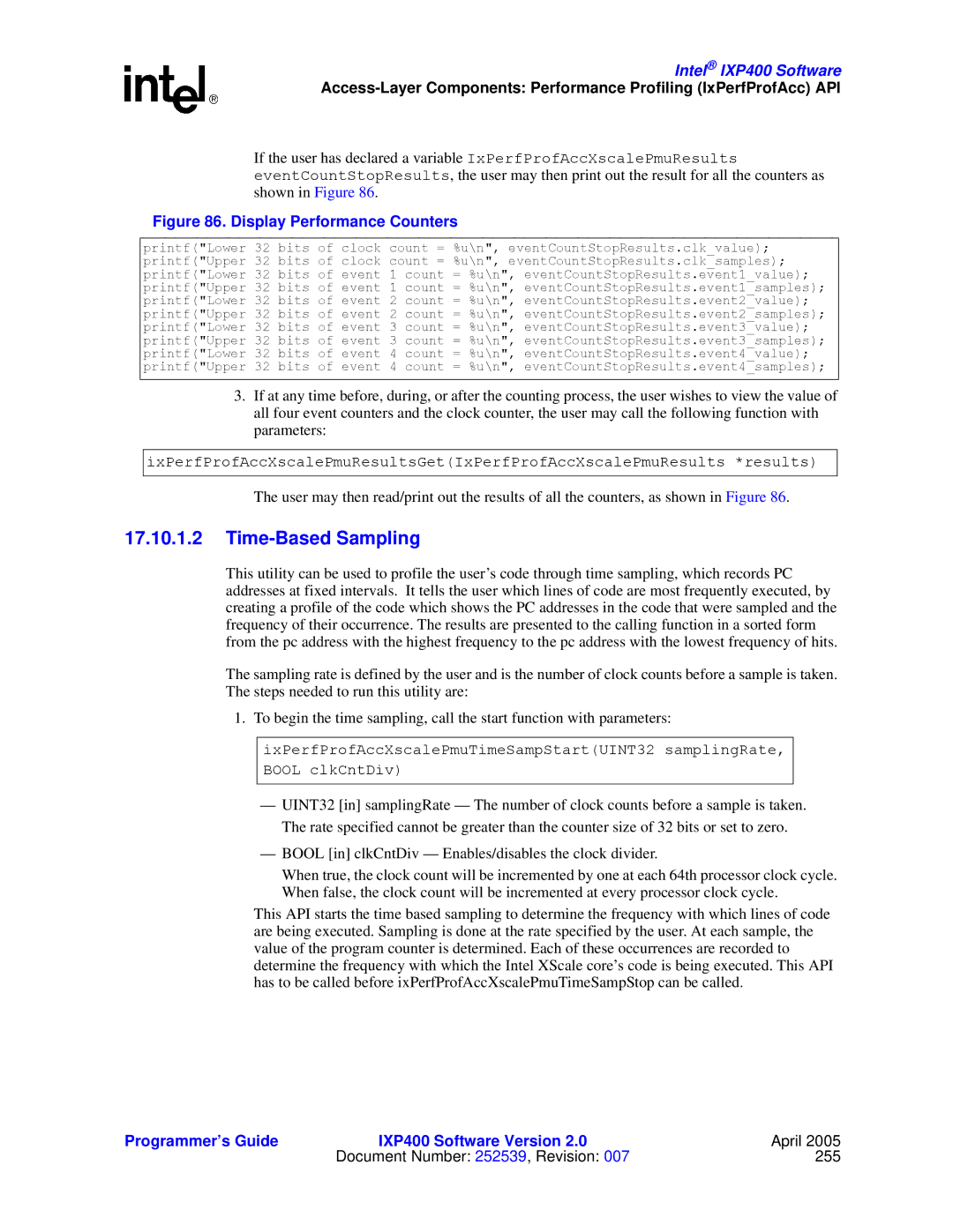 Intel IXP400 manual Time-Based Sampling, Display Performance Counters 