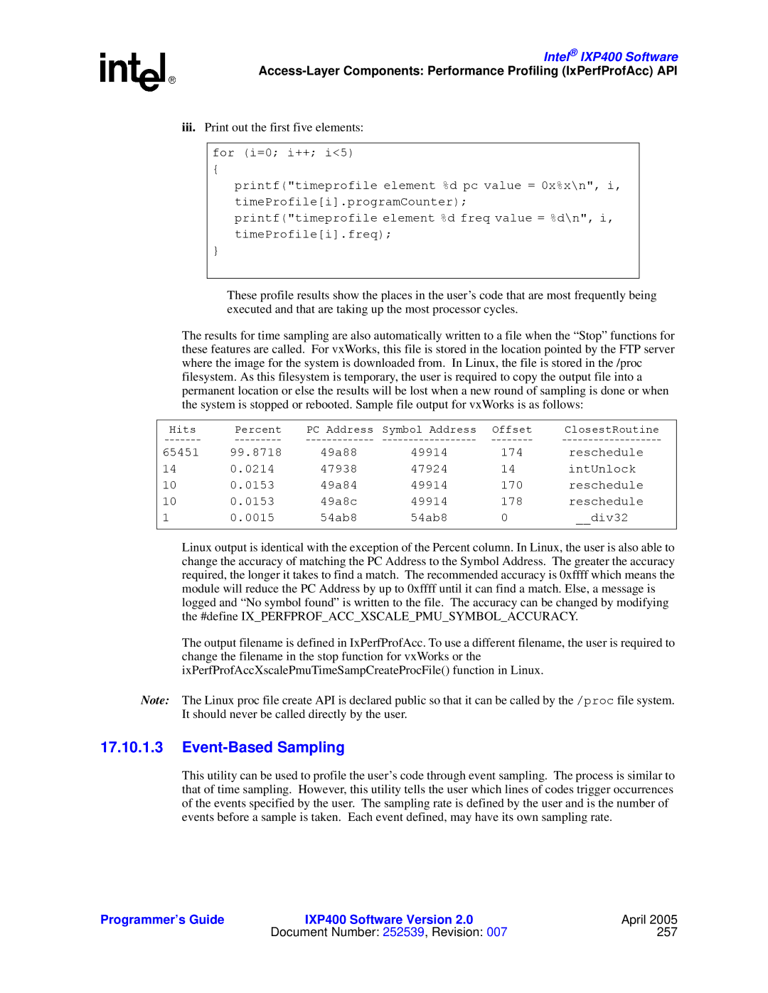 Intel IXP400 manual Event-Based Sampling, Iii. Print out the first five elements 