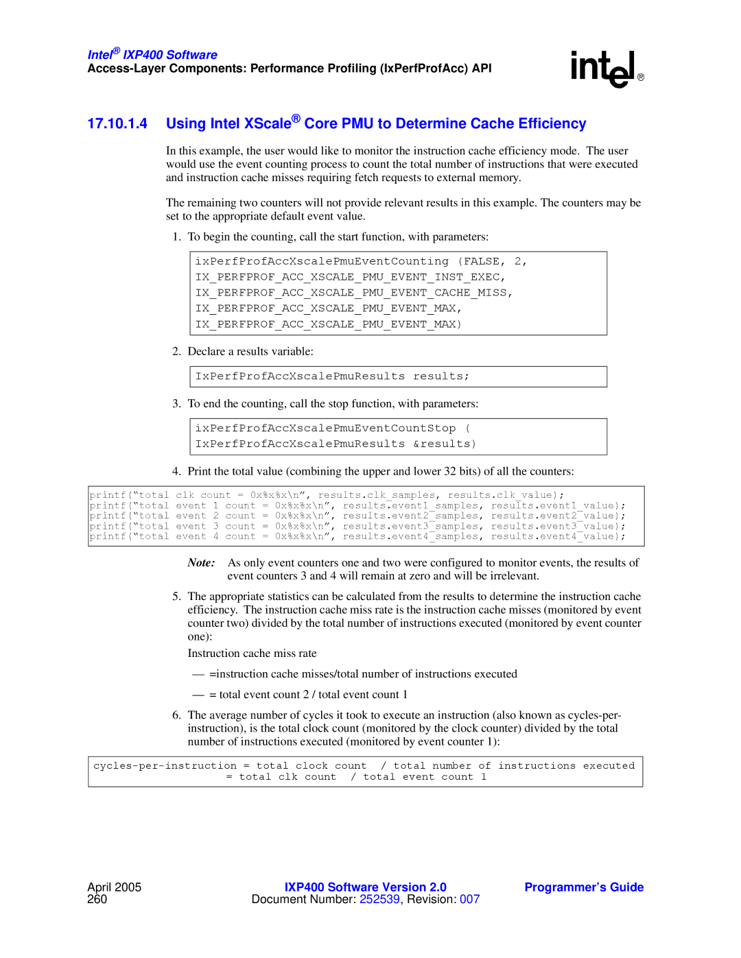 Intel IXP400 manual Using Intel XScale Core PMU to Determine Cache Efficiency 