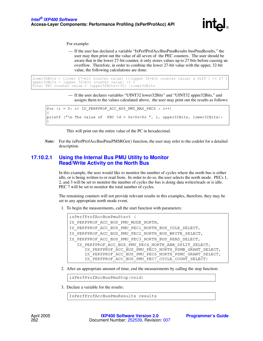 Intel IXP400 manual IxPerfProfAccBusPmuStart 