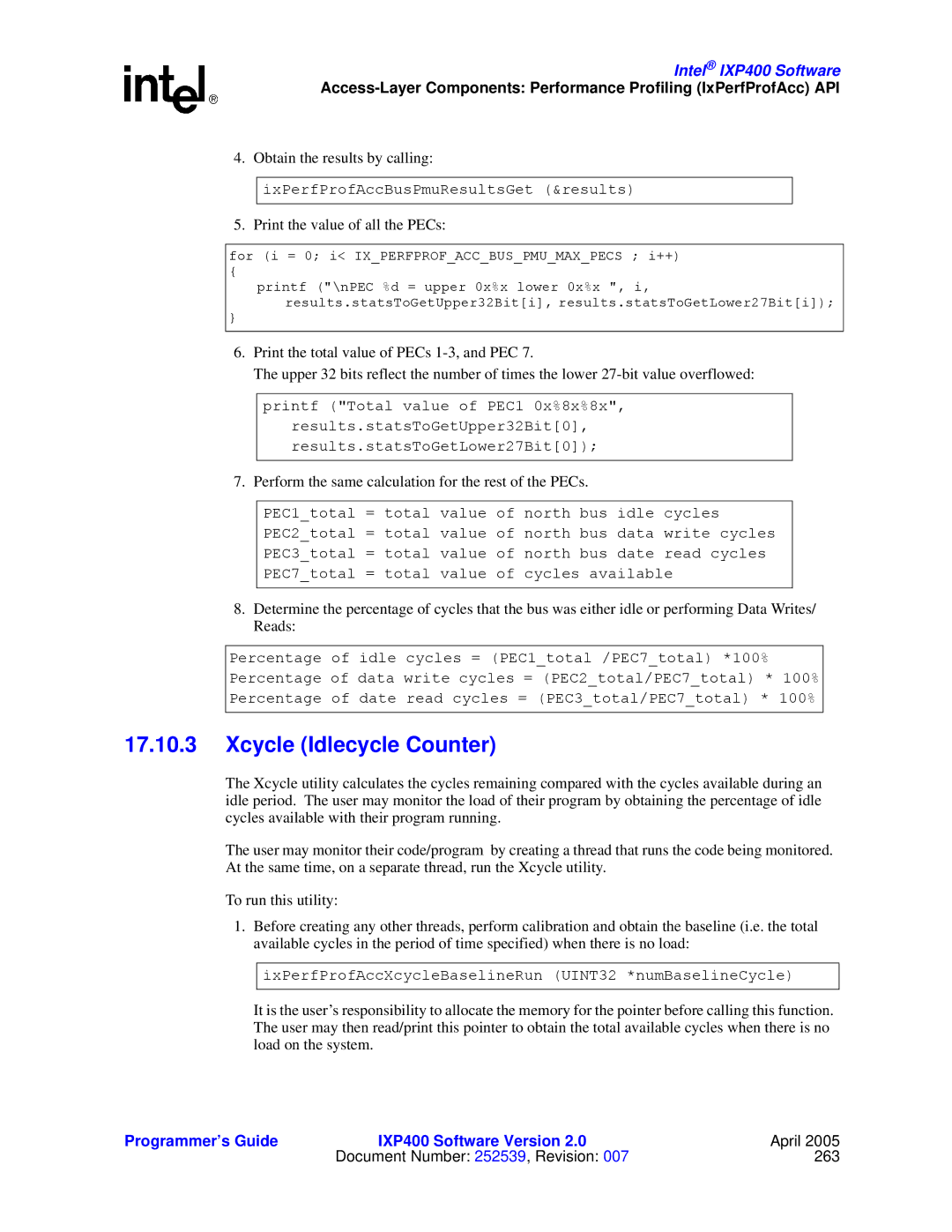 Intel IXP400 manual Xcycle Idlecycle Counter, Perform the same calculation for the rest of the PECs 