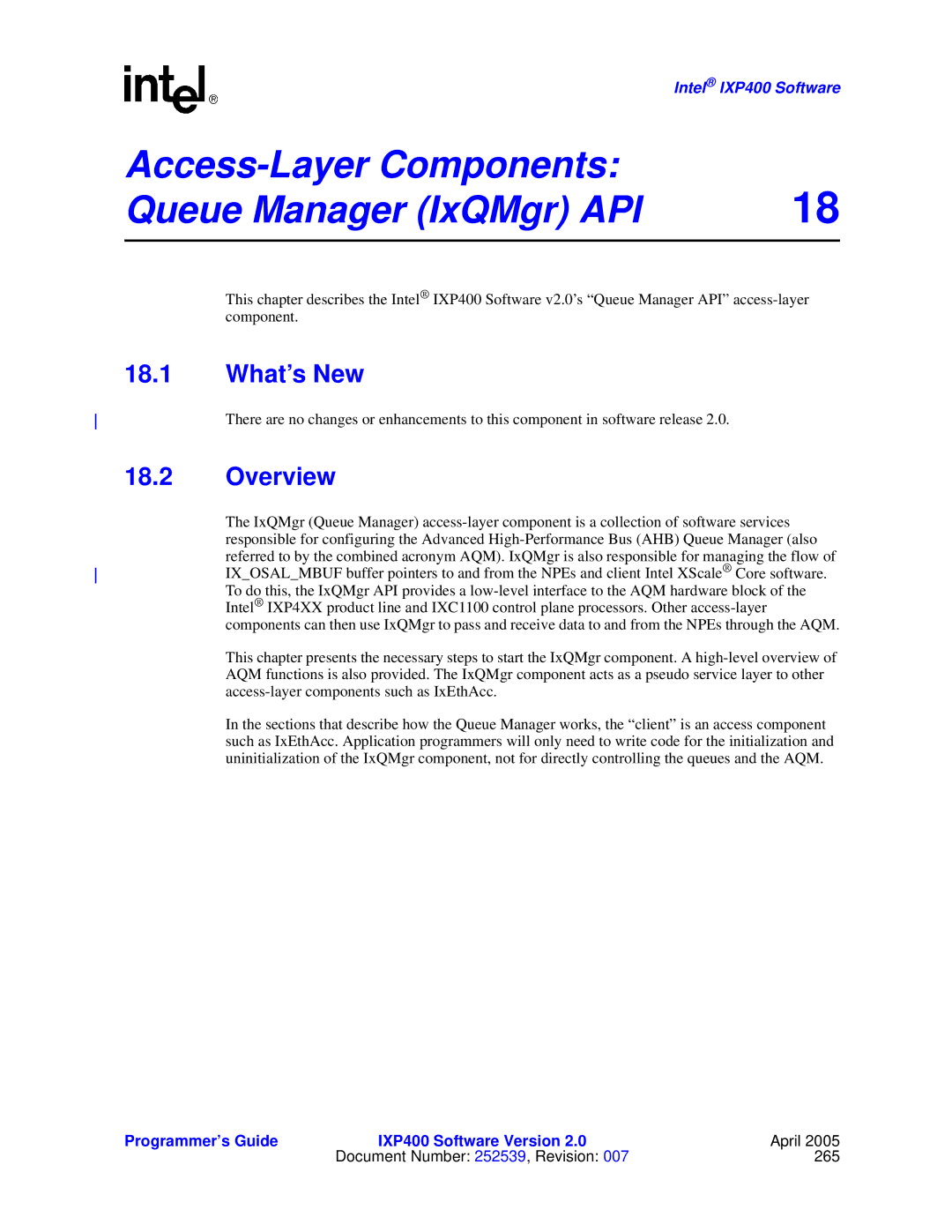 Intel IXP400 manual Access-Layer Components Queue Manager IxQMgr API, What’s New 