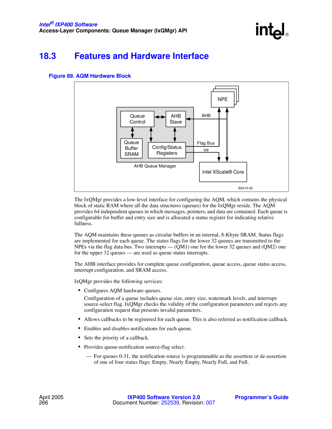 Intel IXP400 manual Features and Hardware Interface, Access-Layer Components Queue Manager IxQMgr API 