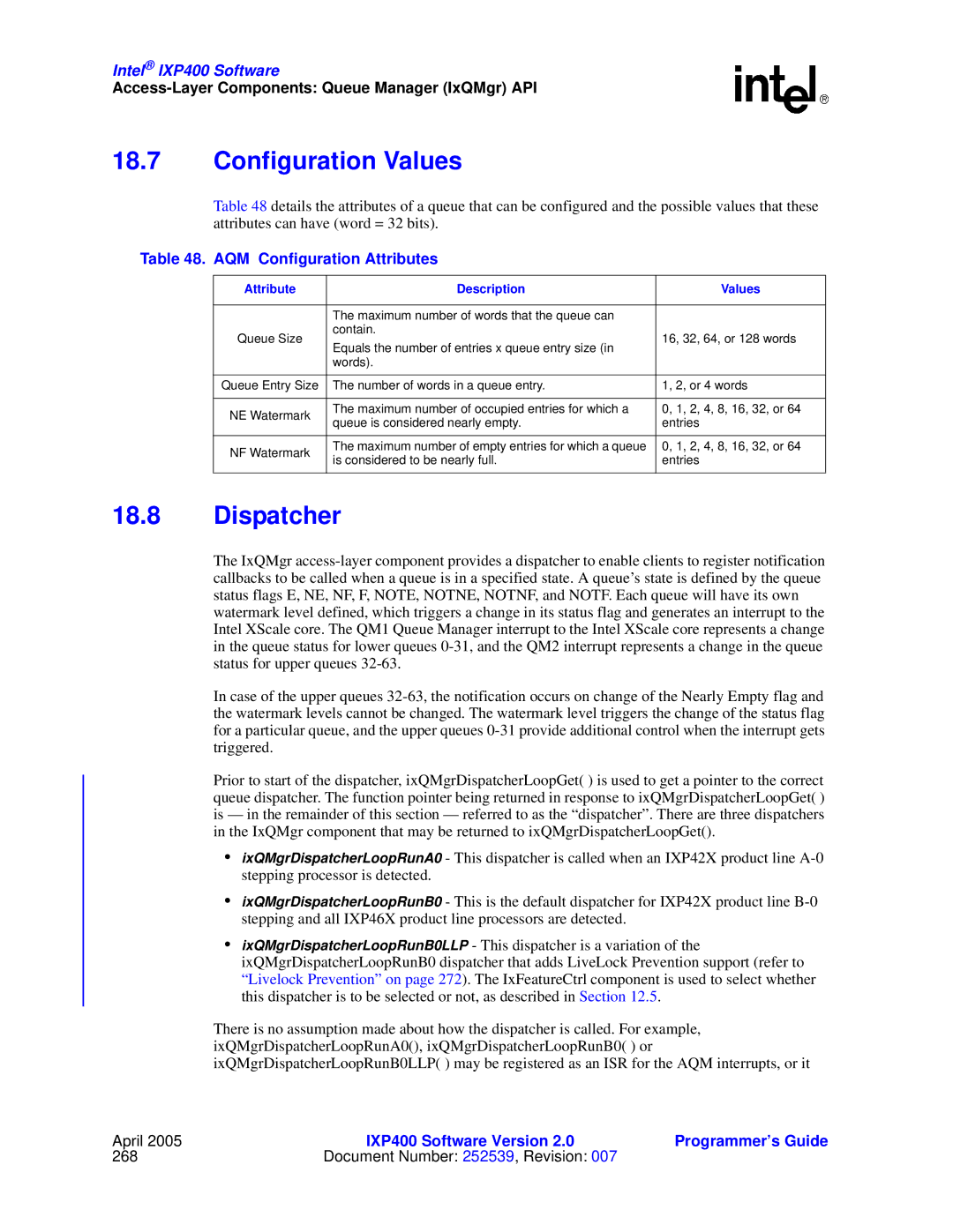 Intel IXP400 manual Configuration Values, Dispatcher, AQM Configuration Attributes, Attribute Description Values 