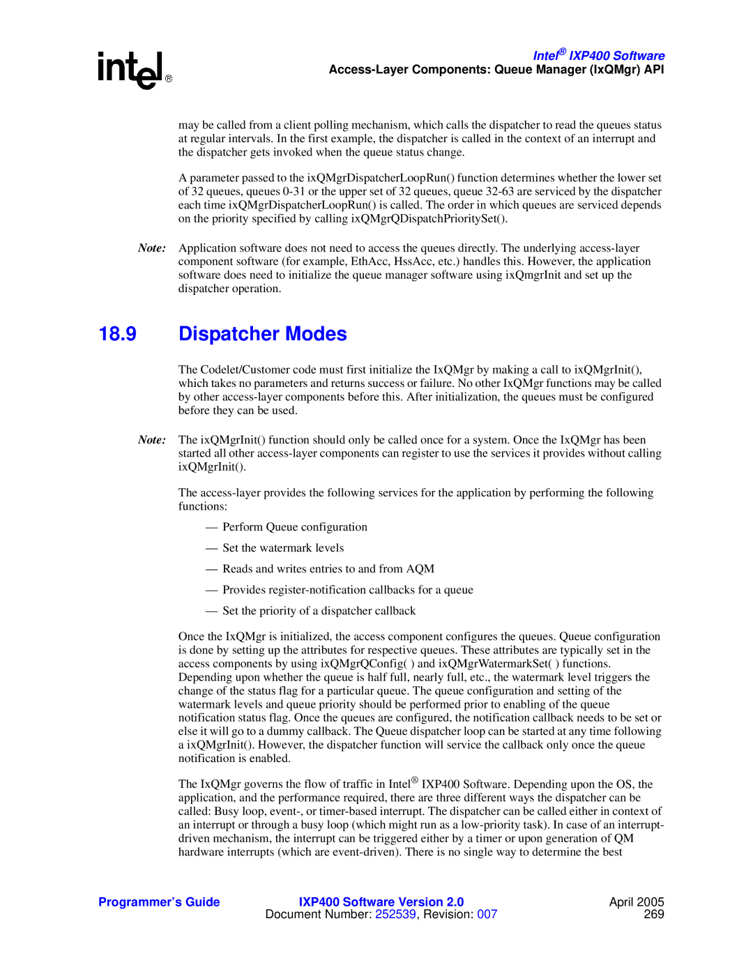 Intel IXP400 manual Dispatcher Modes 